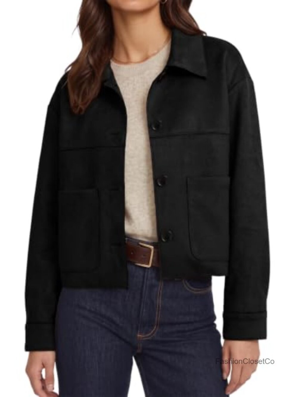 Faux Suede Cropped Bomber Jacket Button Down Casual Lightweight Womens